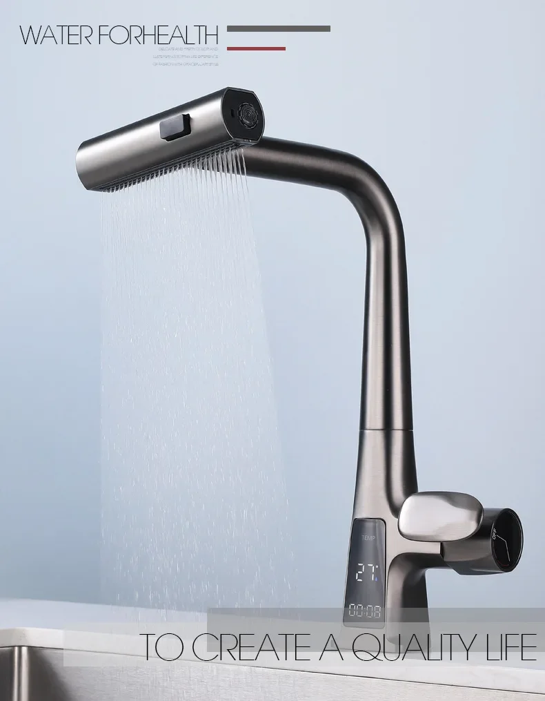 

Кухонный бытовой вращающийся и растягивающийся смеситель для раковины с цифровым дисплеем, многофункциональный смеситель для раковины «Водопад»