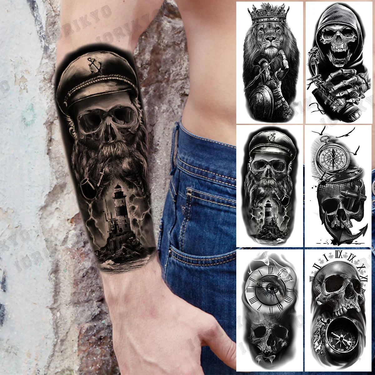 

3D Realistic Pirate Anchor Skull Temporary Tattoos For Men Adult Compass Lion Crown Warrior Fake Tattoo Realistic Washable Tatoo
