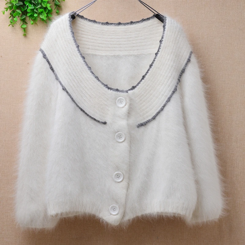 

ladies women white short style crop top mink cashmere knitted three quarter sleeves slim cardigan angora fur jacket coat sweater