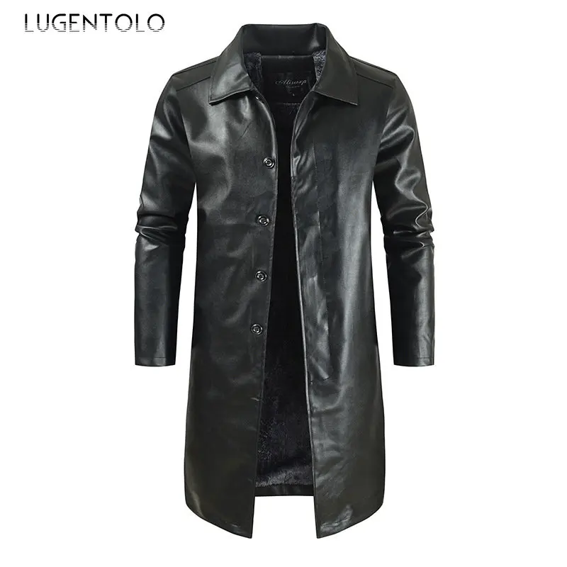 

Men Faux Leather Black Fleece Lapel Classic Black Autumn Winter Large Size Single-breasted PU Men's Casual Slim Coats