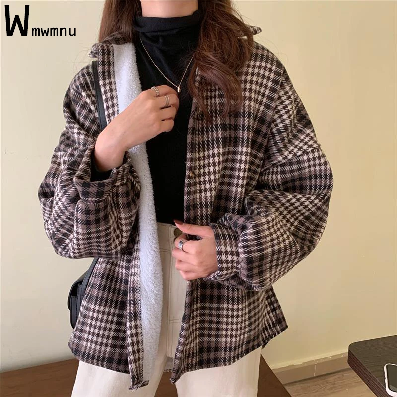 

Зимняя винтажная клетчатая рубашка с подкладкой в Корейском стиле, элегантная уличная одежда Y2k, повседневная утепленная блузка средней длины, свободная офисная одежда