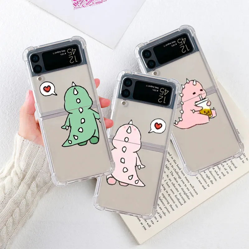 

Little Dinosaur Cute Case For Samsung Galaxy Z Flip 3 4 5G Funda Z Flip3 Clear PC Hard Shockproof Luxury Back Phone Capa