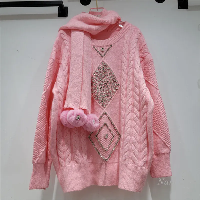 Loose Thick Twist Sweater Women's Autumn and Winter New Design Sense Long Idle Style High-quality Rhinestone Knitwear with Scarf
