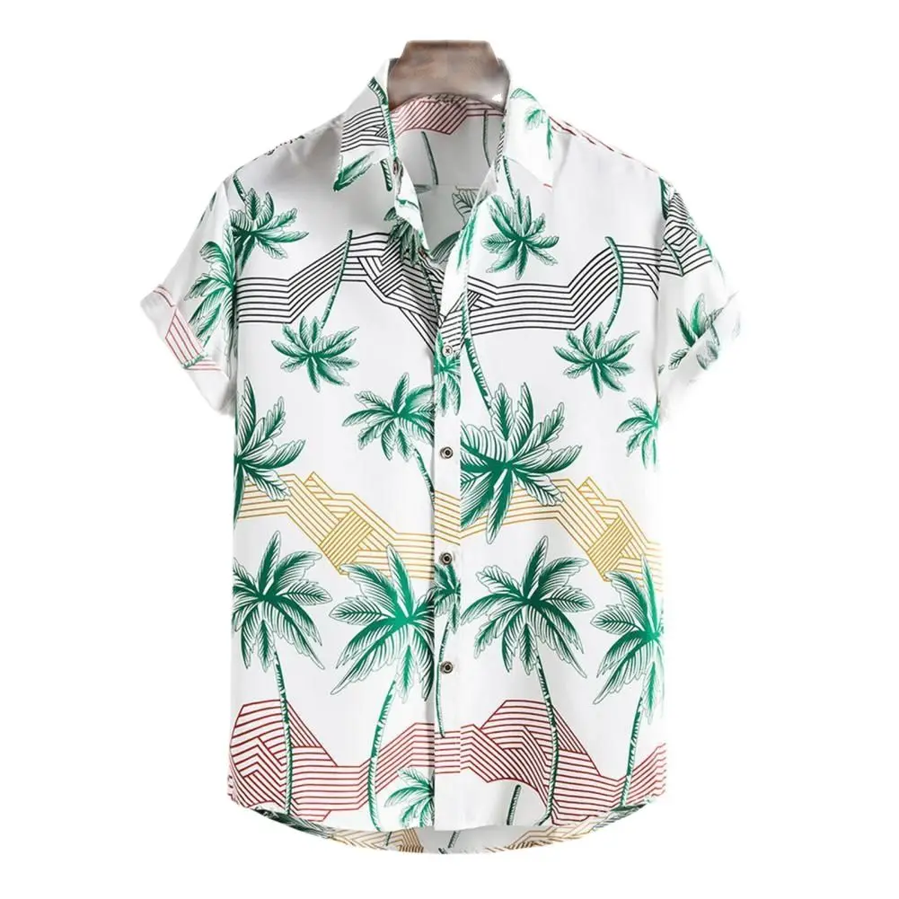 

2022 New Men's Summer Fashion Hawaiian Slim Fit Shirt Casual Short Sleeve Tree Print Turn-Down Collar Travel Beachwear