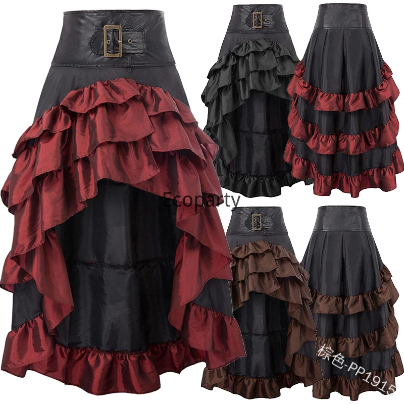 S-5XL Victorian Ruffled Satin & Lace Trim Gothic Skirts Women Corset Skirt Vintage Steampunk Dress Pirate Cosplay Costumes