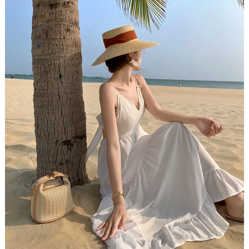 

2023 New Backless Lace Up Summer Beach Dresses Korean Ladies Elegant Fairycore Long Party Clothing V-Neck Midi Women's Dress