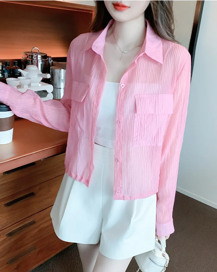 

Fashion Pink Pleated Shirts for Women Spring Summer 2023 Korean Loose Turn Down Collar Long Sleeve Tops Casual Harajuku Blouses