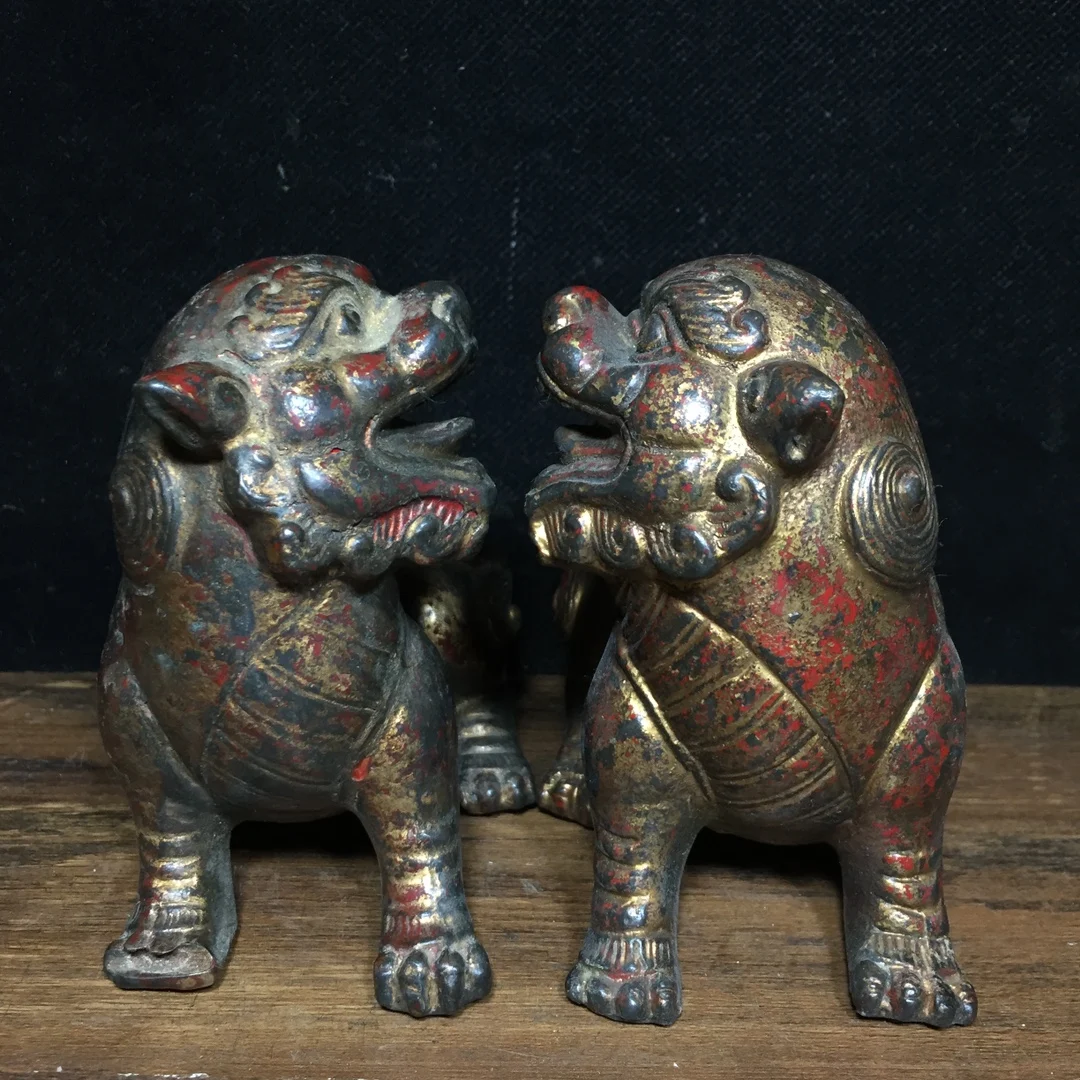 

6"Tibet Temple Collection Old Bronze Cinnabar Mud gold Lion Statue Gate Lion Door God A pair Ornaments Town house Exorcism