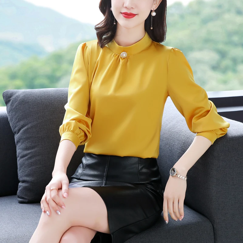 

Korean Fashion Silk Women Blouses Beading Satin Long Sleeve Women Shirts Red Office Lady Blusas Femininas Elegante Ladies Tops