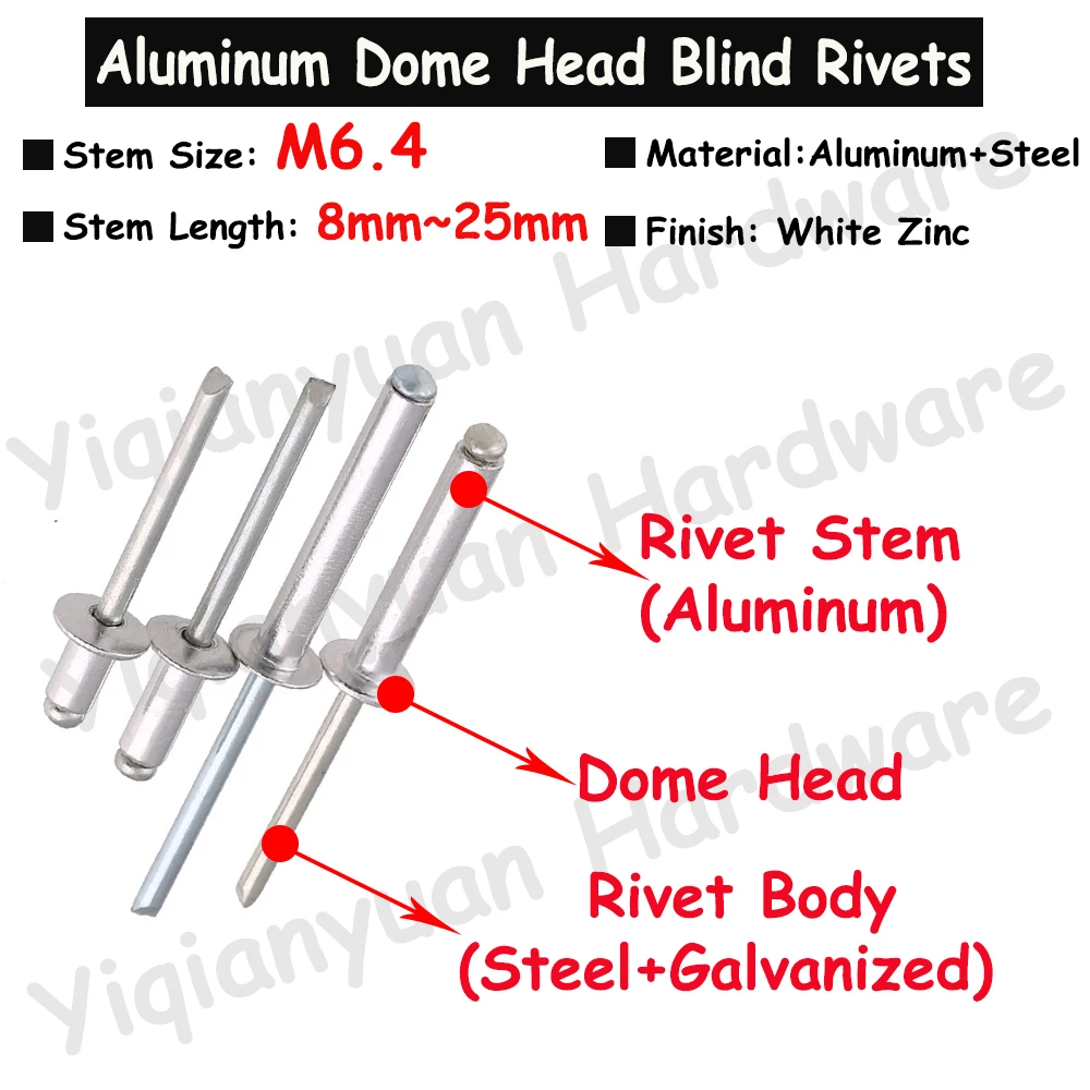 

10Pcs M6.4 GB12618 Aluminium Dome Head Break Mandrel Blind Rivets Pull Nail Pop Open end Rivet For Furniture Car Aircraft
