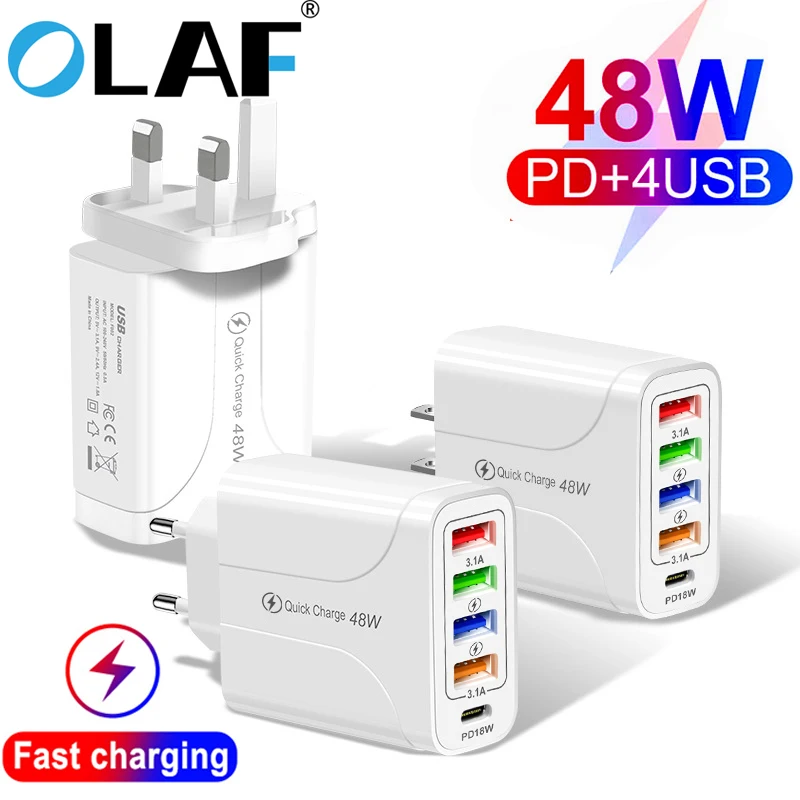 

OLAF 48W USB Fast Charger 4-Port Charger Adapter for iPhone 12 13 Pro Max Xiaomi Phone Charger EU/US/UK Plug Fast Power Adapter