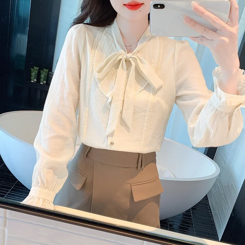 Модная офисная женская рубашка с длинным рукавом и бантом шифоновая блузка
