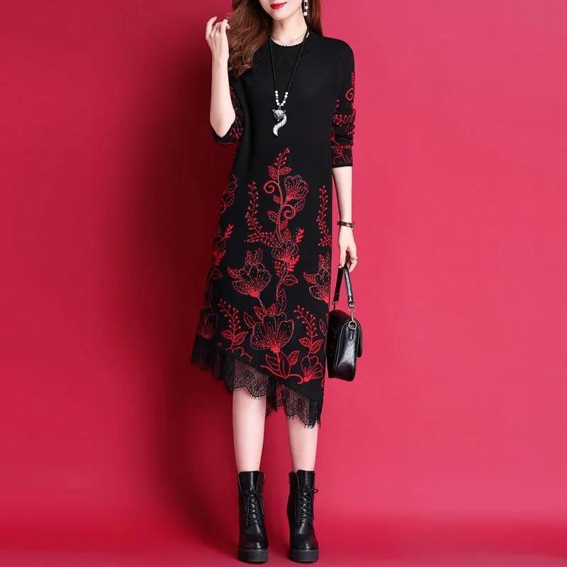 

Korean Fashion Vintage Elegant Dress for Women Autumn Winter Vintage Inside Long Sleeve Slim Lace Dresses