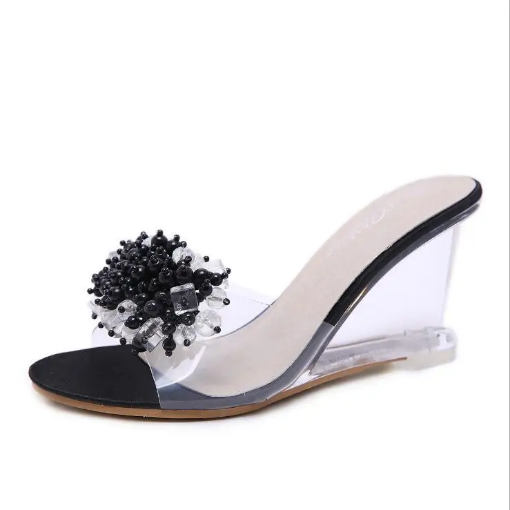 

2022 Summer New Wedges Sandals Women Sexy Crystal Transparent High Heels Glass Slippers String Bead PVC Slippers Fashion Shoes