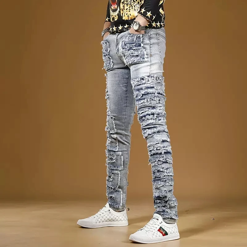 Autumn Men's Light Blue Patch Jeans Slim Fit Straight Pants Streetwear Casual Stretch Denim Trousers CP2150