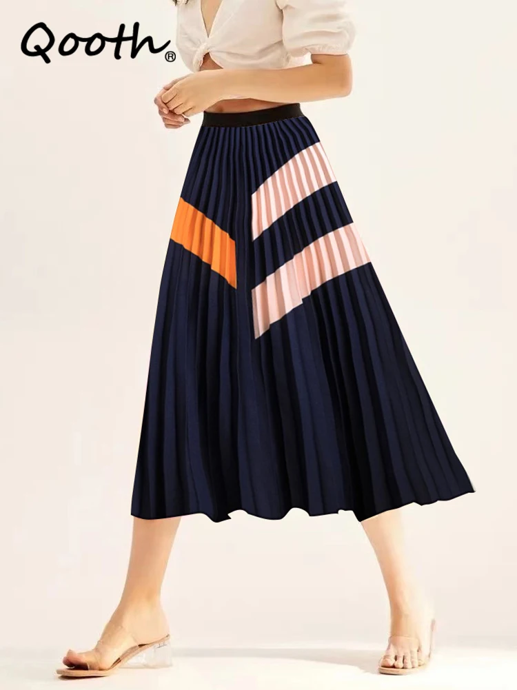 

Женская юбка-трапеция Qooth с эластичным поясом, элегантная плиссированная юбка средней длины с высокой талией для весны и лета, QT2122
