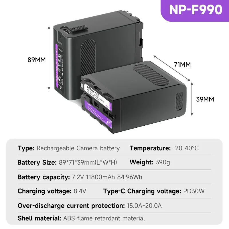 Аккумулятор для камеры 7.2V 11800mAh NP-F990 Type-C для Sony F970 F960 F550 F750 с поддержкой быстрой зарядки PD30W и LED-индикатором заряда (art.: 3920dbd603937) - 3920dbd603937