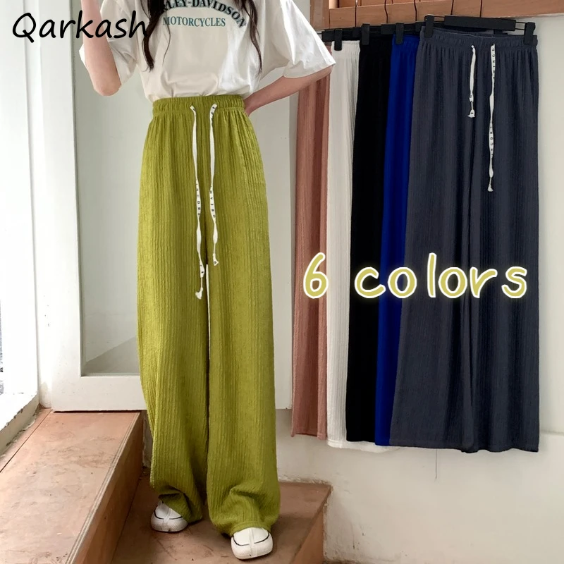 

Casual Wide Leg Pants Loose Females Thin Summer High Waist Trousers Bottoms Solid Pockets Drawstring Vintage Sweet Girls Retro