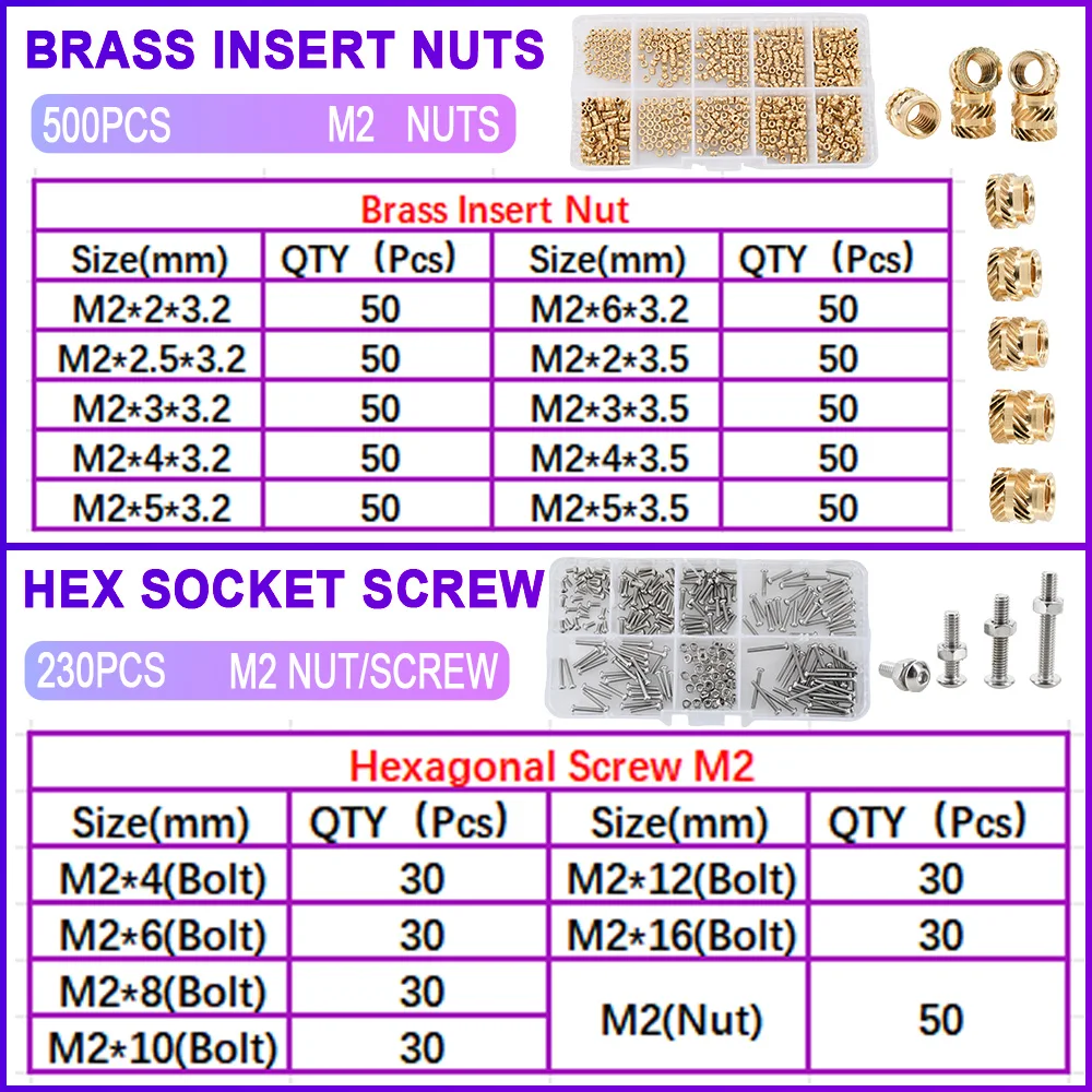 

M2 M3 M4 латунные насадки для горячего расплава впрыска встраиваемые вставные гайки 304 головка из нержавеющей стали Набор шестигранных розеток