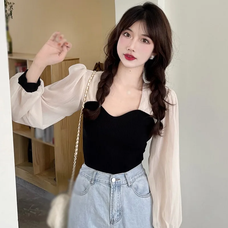 Женская Приталенная Блузка В Стиле Пэчворк С Пышными Рукавами И Квадратным