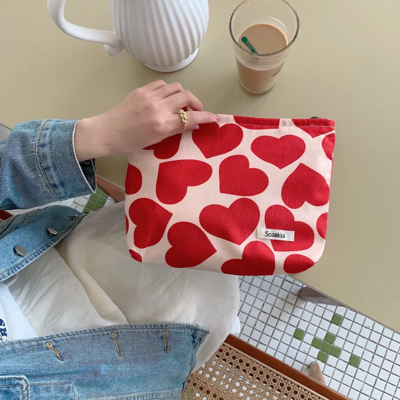 

Large Capacity Corduroy Cosmetic Bag with Cute Red Heart Print for Women Portable Makeup Bag for Travel Toiletry Organizer