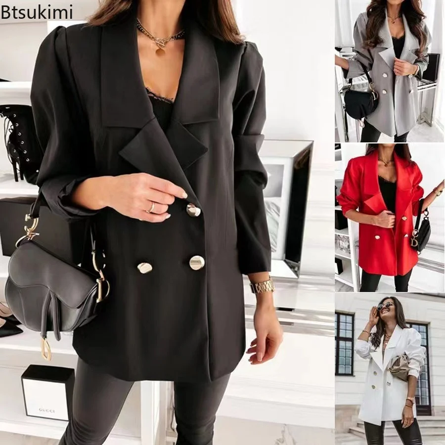 

New Women Elegant Suit Jacket Spring Autumn Check Double-breasted Slim Blazers Female OL Style Office Ladies Top Clothes 2022