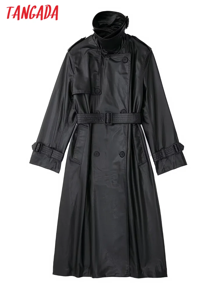 

Tangada Women Black Faux Leather Trench Coat with Belt 2022 Elegant Female Outwear Windbreak 3H249