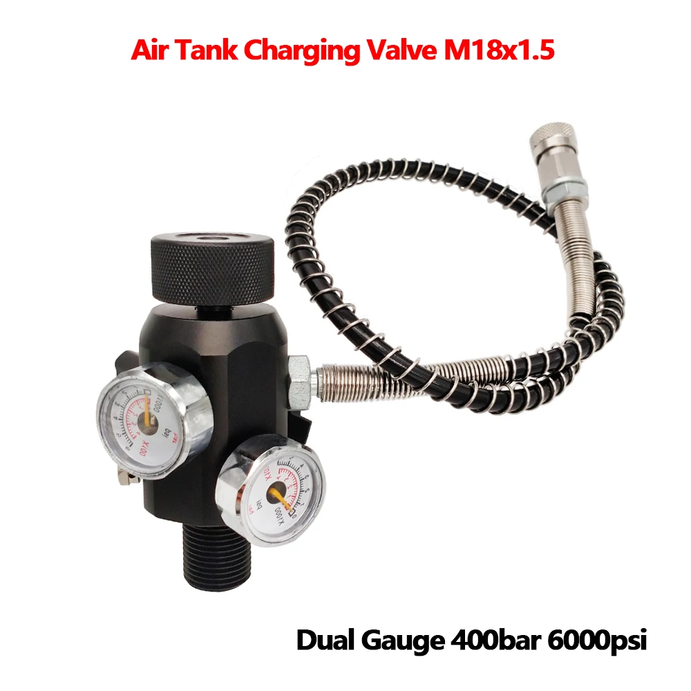 

Tank Charging Valve M18x1.5 Air Filling Station 8mm Quick Plug Refill Adapter With Dual Gauge 400bar 6000psi and Reinforced Hose