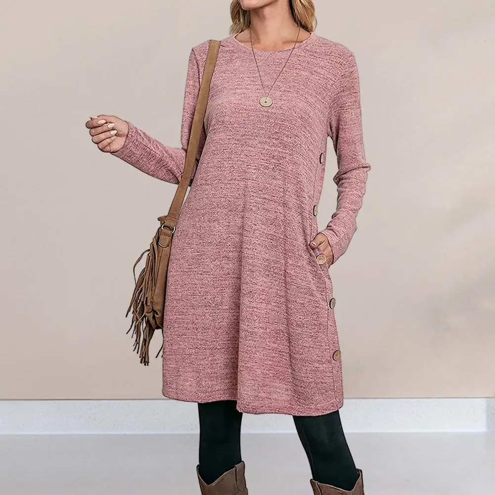 

Women's Winter Dress Long Sleeved Dress With Pocket ButtonsO-neck Long Sleeve Buttons Decor Pockets Casual Mini Dress Streetwear