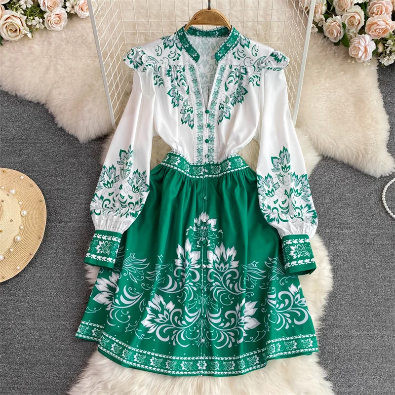

Korean High-waist Mid-length Floral Print Dress Spring Women Blue Green Vestidos V-neck Lantern Sleeve Single-breasted Dresses