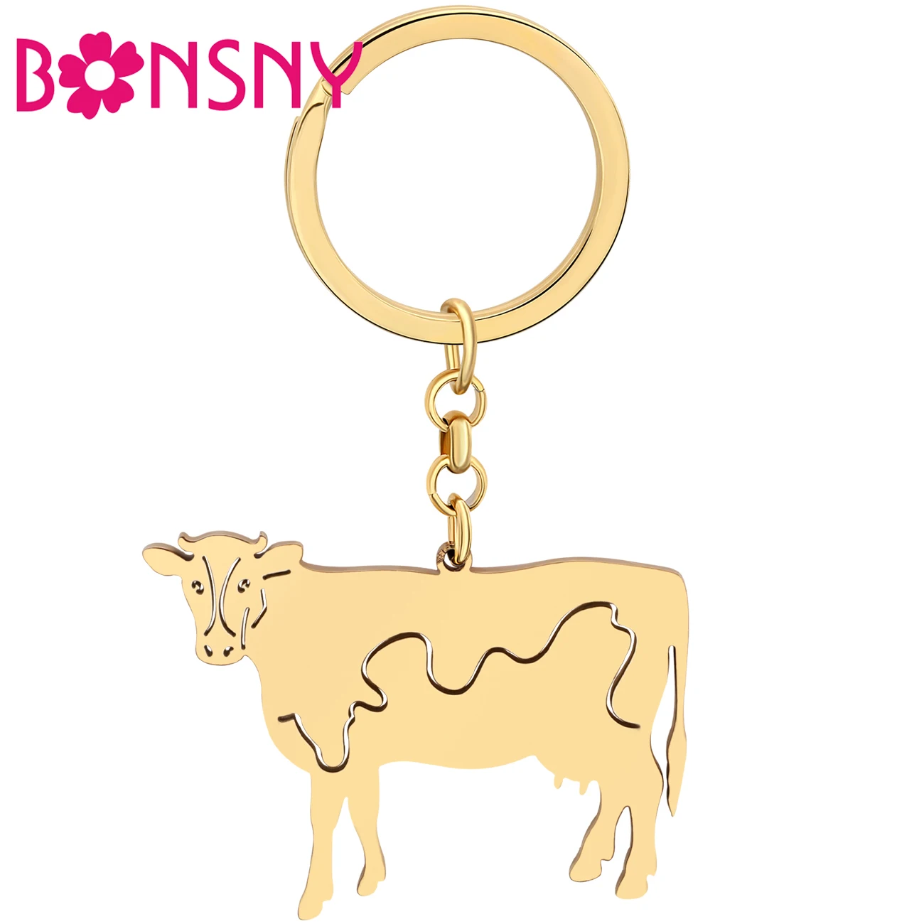 

Bonsny Stainless Steel Gold-plated Novelty Cow Keychains Animals Fashion Accessories Keyring Key Chains For Women Kids Bag Charm