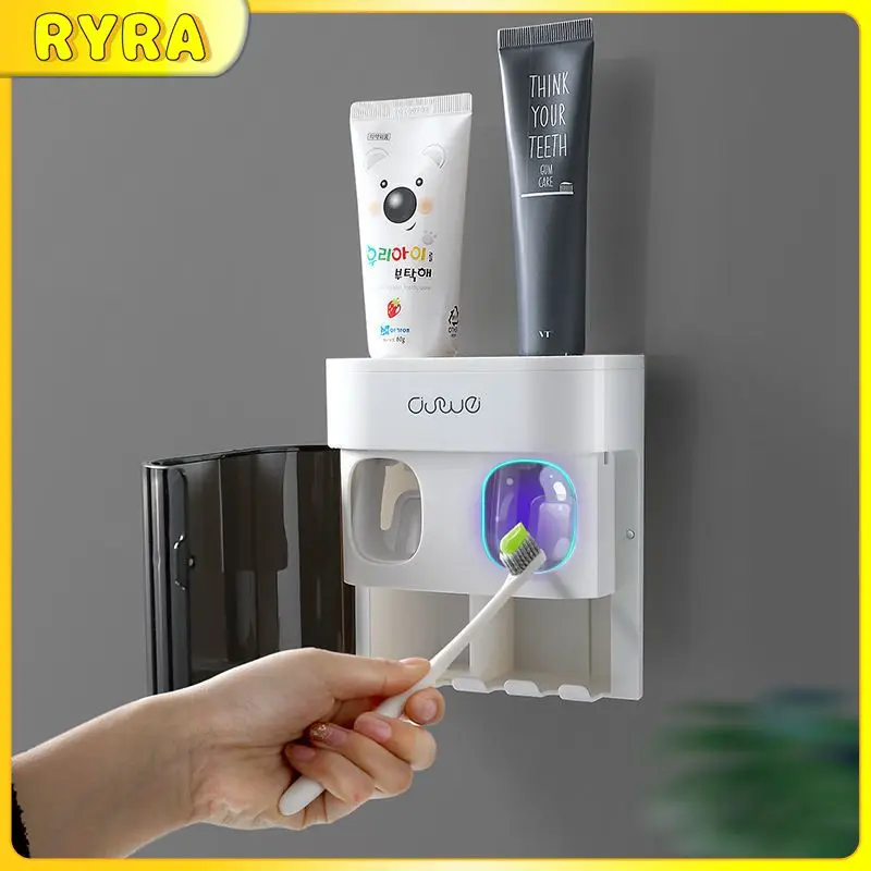 

Toothbrush Holder Toothpaste Squeezer Automatic Wall Mounted Toothpaste Dispenser Punch-free Dustproof Cover Bathroom Accessory