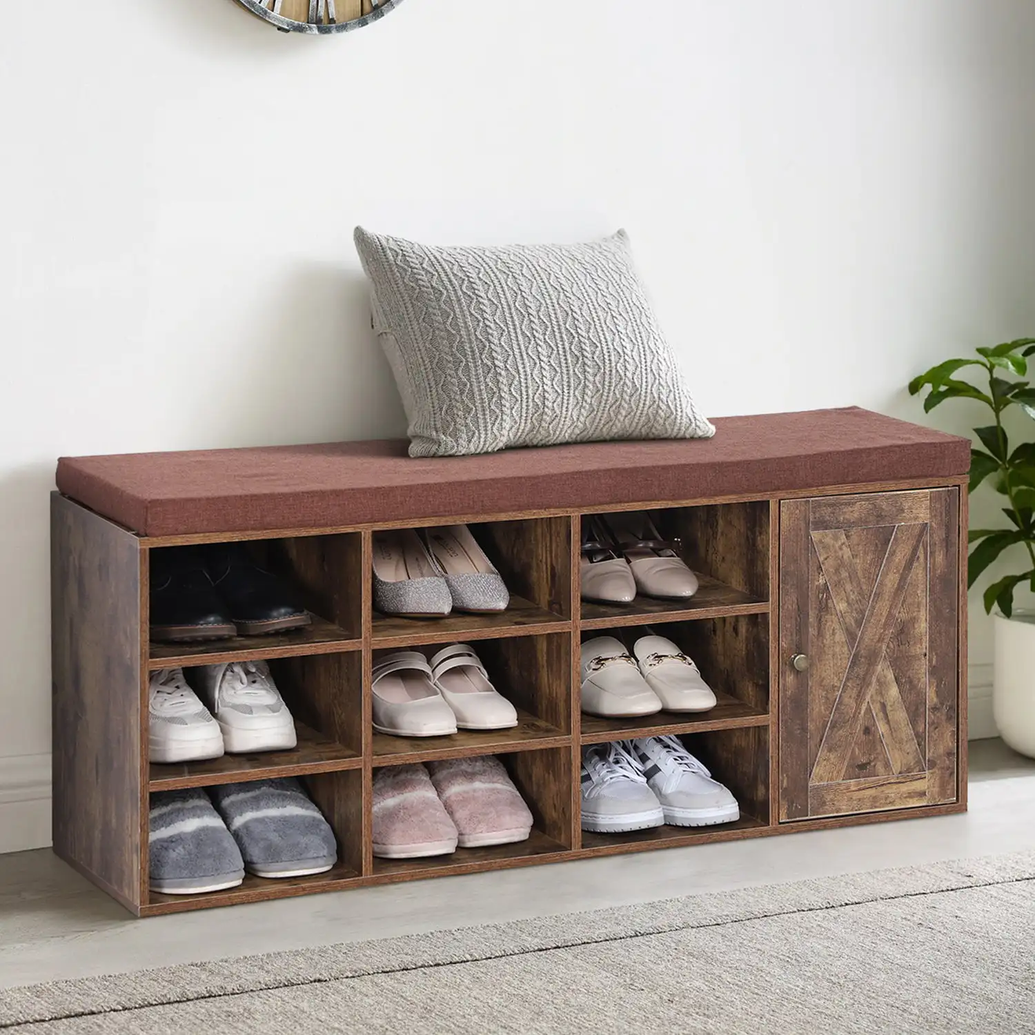 

11-Pair Shoe Storage Wood Bench with Cabinet&Cushioned Seat, Rustic Brown