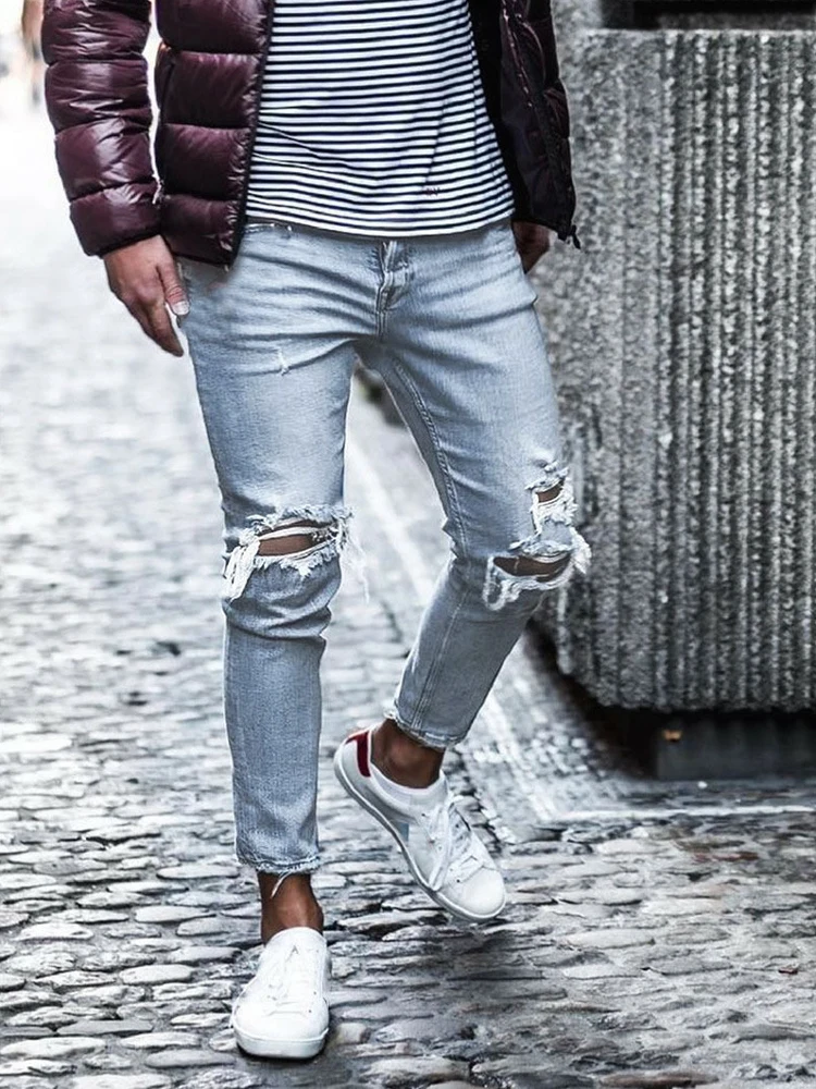 Men Jeans Ripped Denim Slim Fit Skinny Pencil Pants New Elastic High Street Casual Trousers Knee Destroyed Clothing For Man