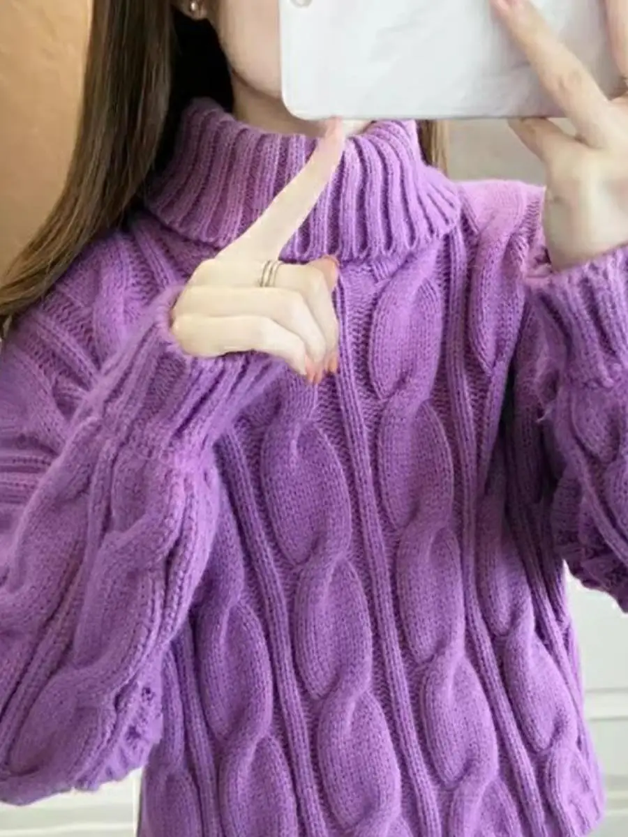 Fleece-lined Thick Autumn and Winter Turtleneck Crop Sweater Women Small Korean Sle Loose High Waist Knitted Twist Temperam...