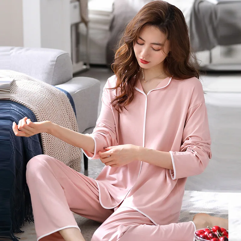 Comfortable Cotton Pajamas For Women Loose Pijama New Long Sleeve Spring Autumn Home Wear Clothes V Neck Casual Sleepwear Set