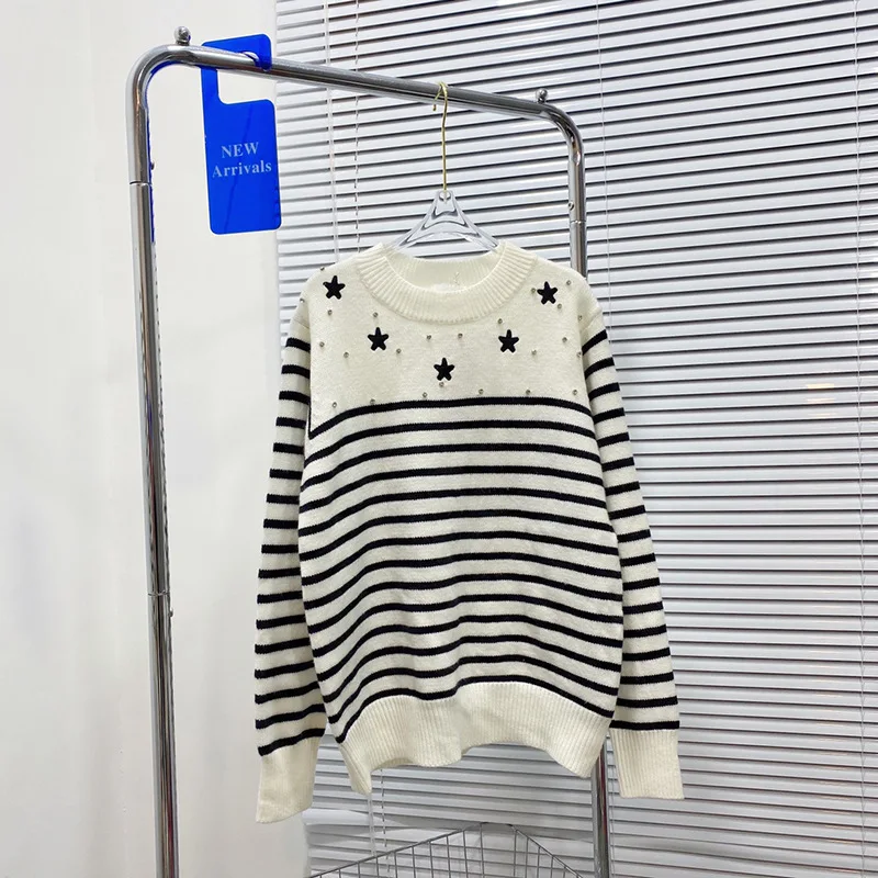 

Five-star Diamond Striped Knit Sweater Cardigan 22 New Embroidered Letter Logo Round Neck Sweatshirt Luxury Designer Women Tops