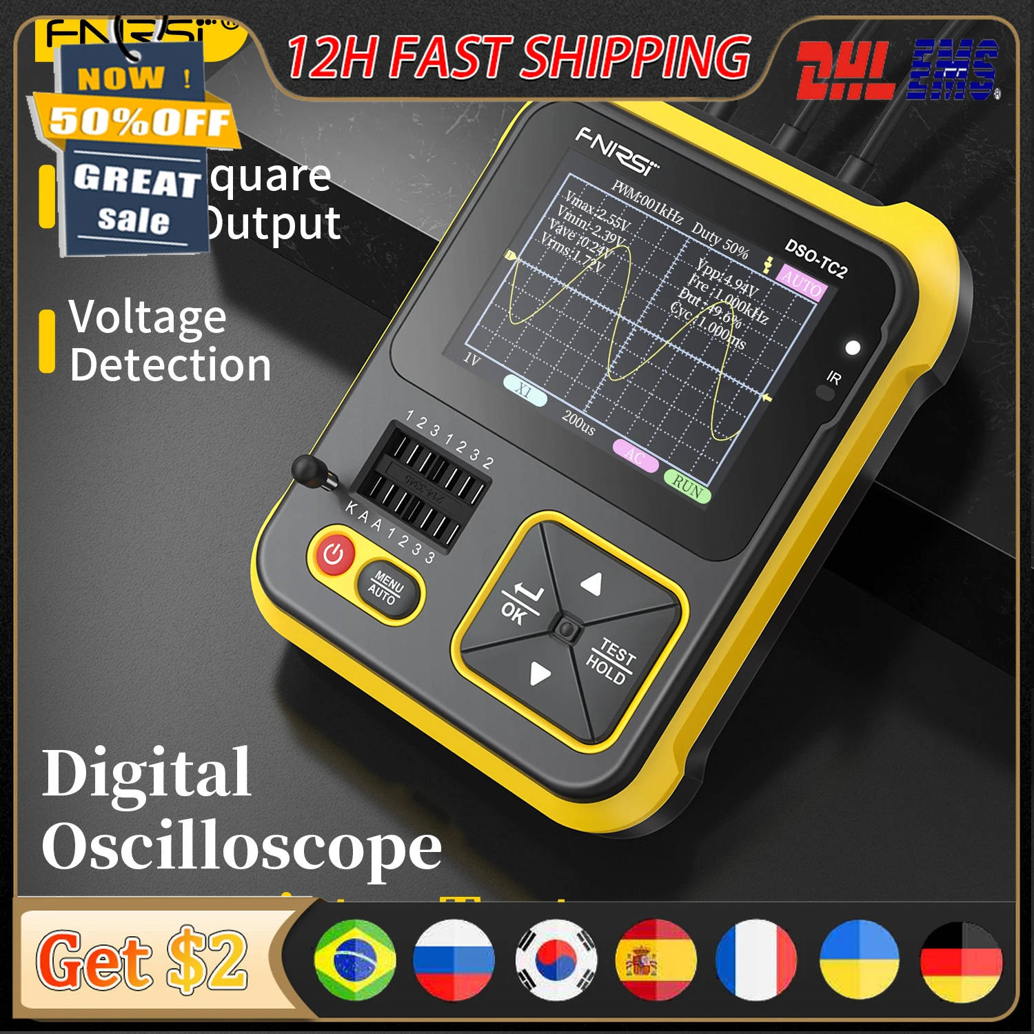 Осциллограф FNIRSI портативный осциллограф с полосой 200 кГц 2 в 1 |