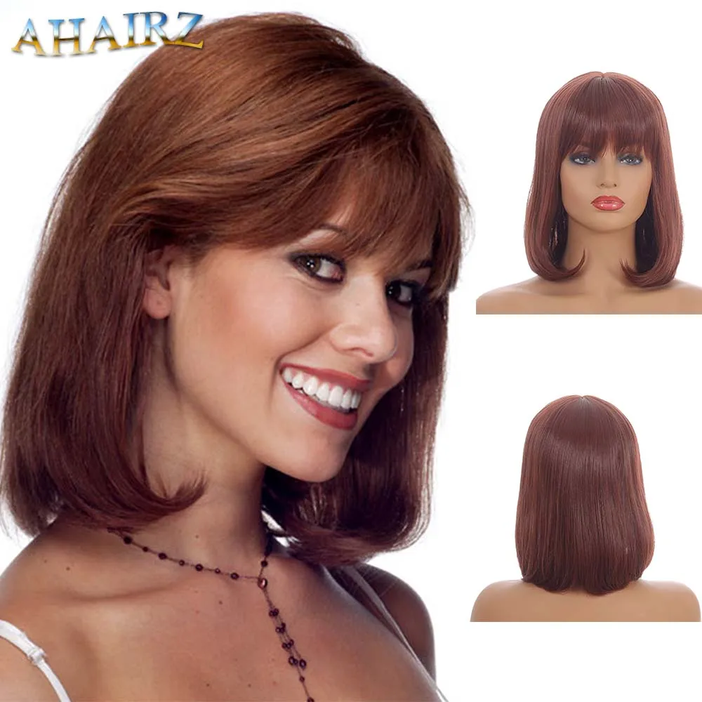 

Short Bob Wigs Straight Synthetic Wigs with Bangs White Mixed Brown Cosplay Party Daily Wigs for Women Heat Resistant