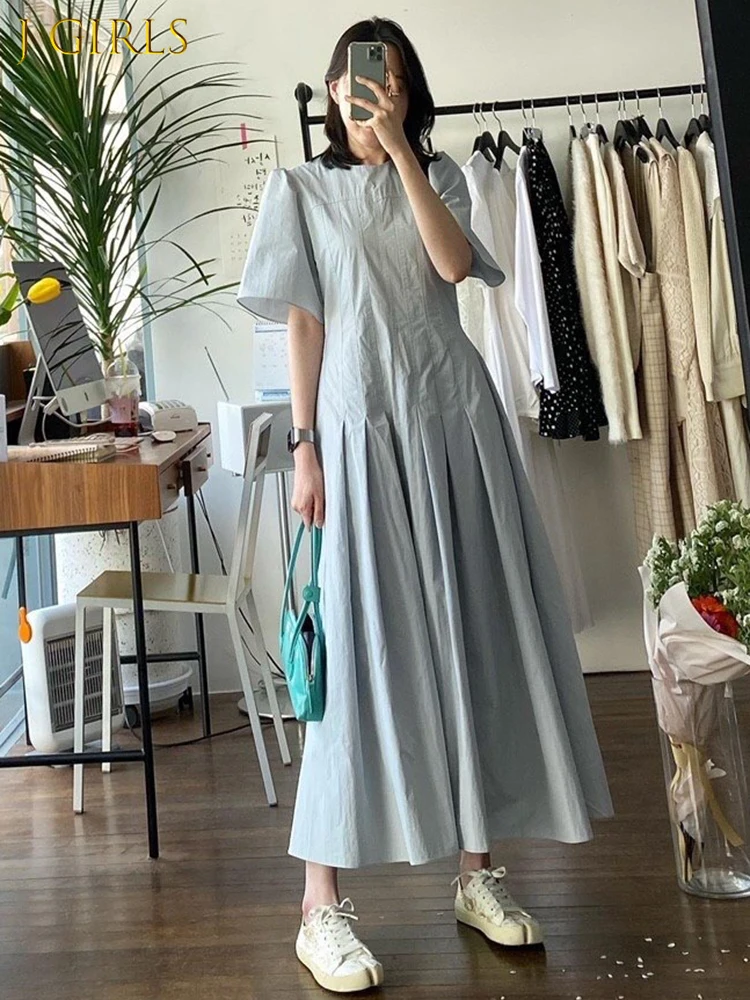

Casual Dress For Women Round Neck Short Sleeve High Waist Solid Fold Pleated Midi Dresses Female Summer Clothing Style