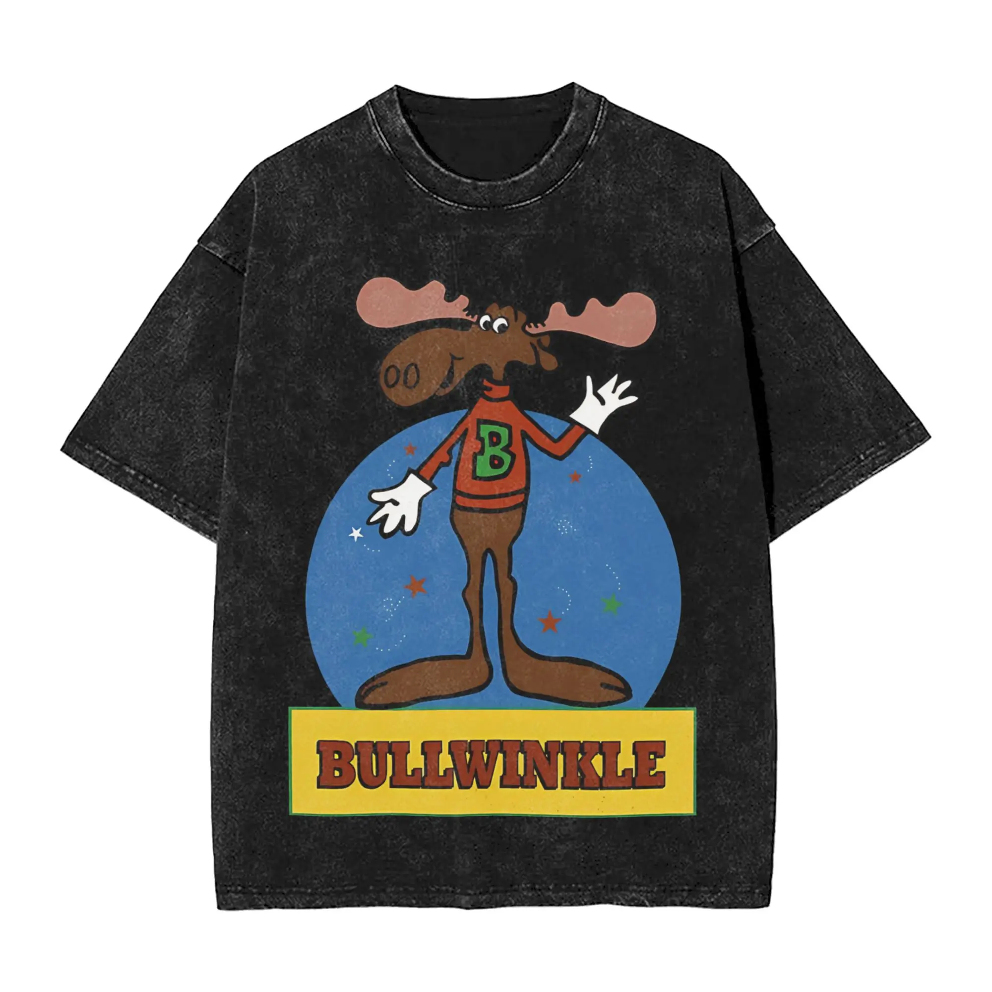 Фото Футболки Rockys Bullwinkles Outfit с эффектом потертости для мужчин и женщин, уличная одежда в стиле хип-хоп, летние футболки, 100% хлопок. №2