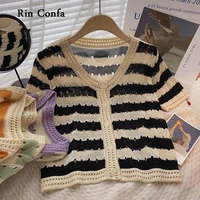 rin confa v neck single breasted t shirt summer stripe short knitting cardigan korean version all match hollow out top women