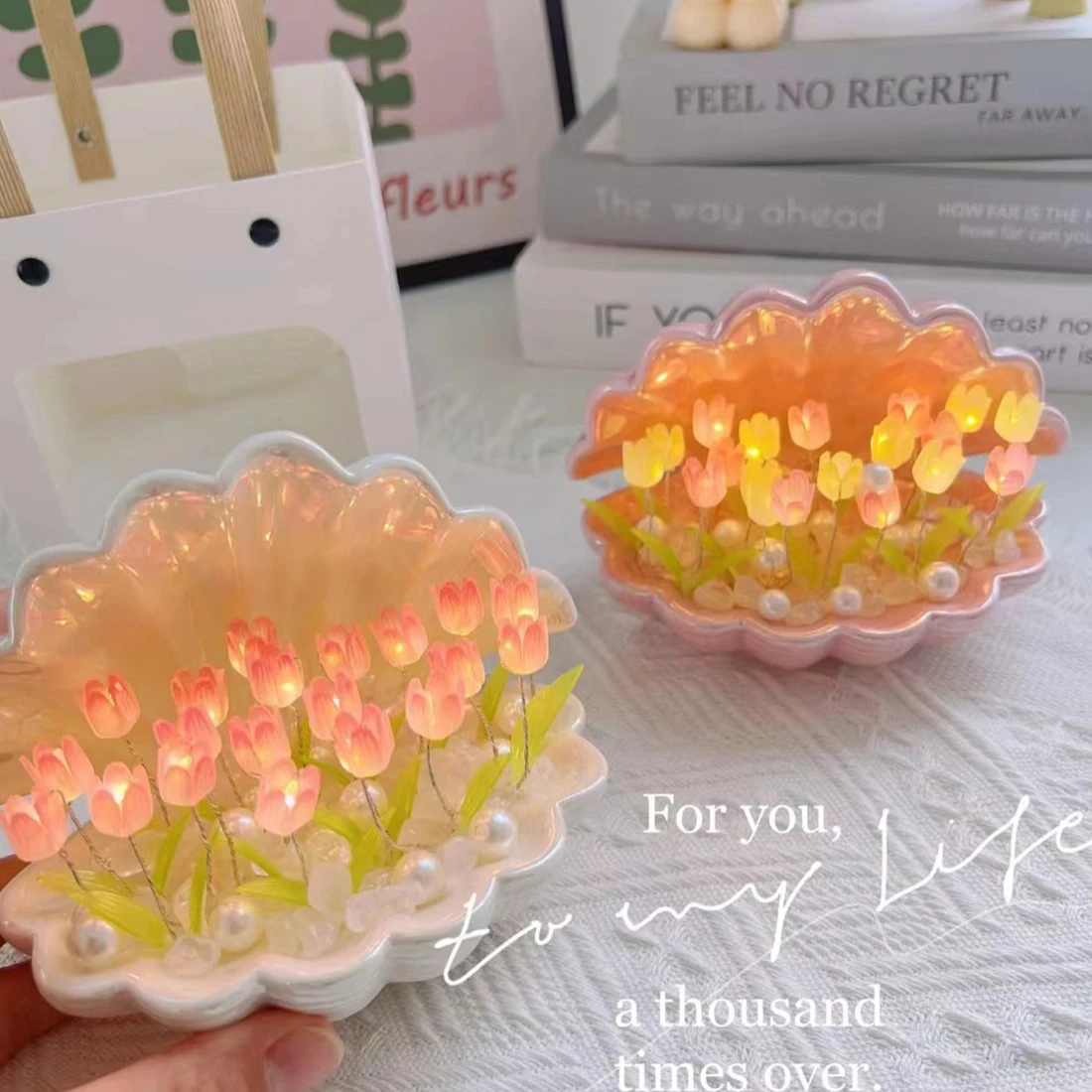 

Shell Handmade Artificial Flower Tulip Night Light DIY Material Bedside Sleep Light Home Ornament Girlfriend Birthday Gift