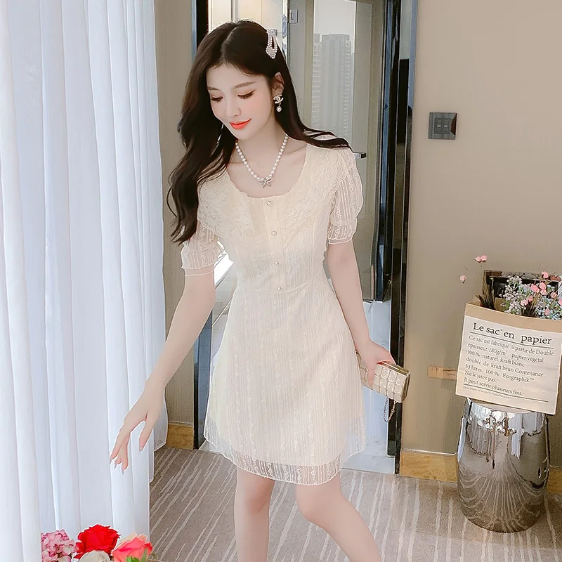 

COIGARSAM Women's Summer Dress 2022 New Fashion Short Sleeve Lace Pink Yellow Dresses Dropshipping