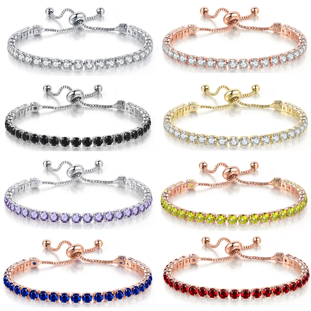 Adjustable Colorful Birthstone Bracelet for Women Tennis Chain on Hand 4MM Crystal Bangle Gifts for Friends Trend Jewelry H133