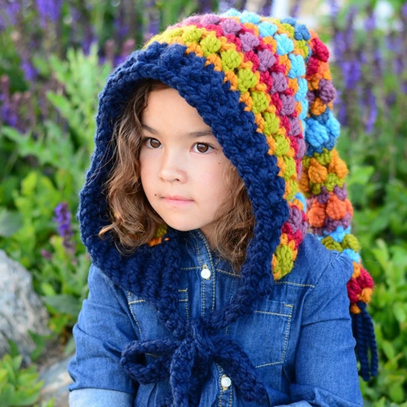 

Kids Winter Hats Handmade Crochet Elf Beanie Hat Children Warm Knitted Rainbow False Collar Elf Hat Hooded Cap Boy Girl Xmas Cap