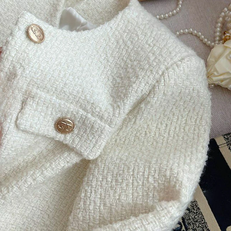 Женская однобортная твидовая куртка Элегантная короткая без карманов с круглым