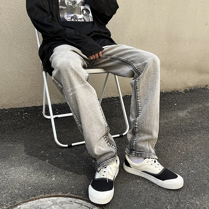 Four Seasons Men's Casual Jeans Fashion Straight Split Wide Leg Pants Street Loose Mopping Denim Trousers Summer Men's Clothing