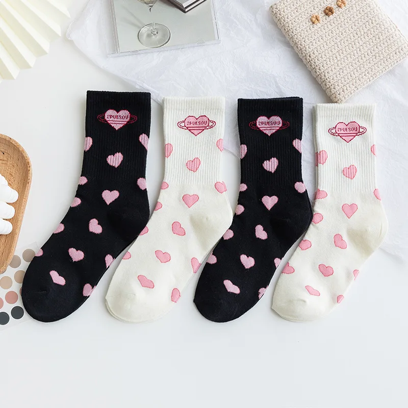 

Pink Socks Women's Spring and Autumn Woman Clothes Black and White Kawaii Love Harajuku Korean Version Trendy Medium Tube Cute