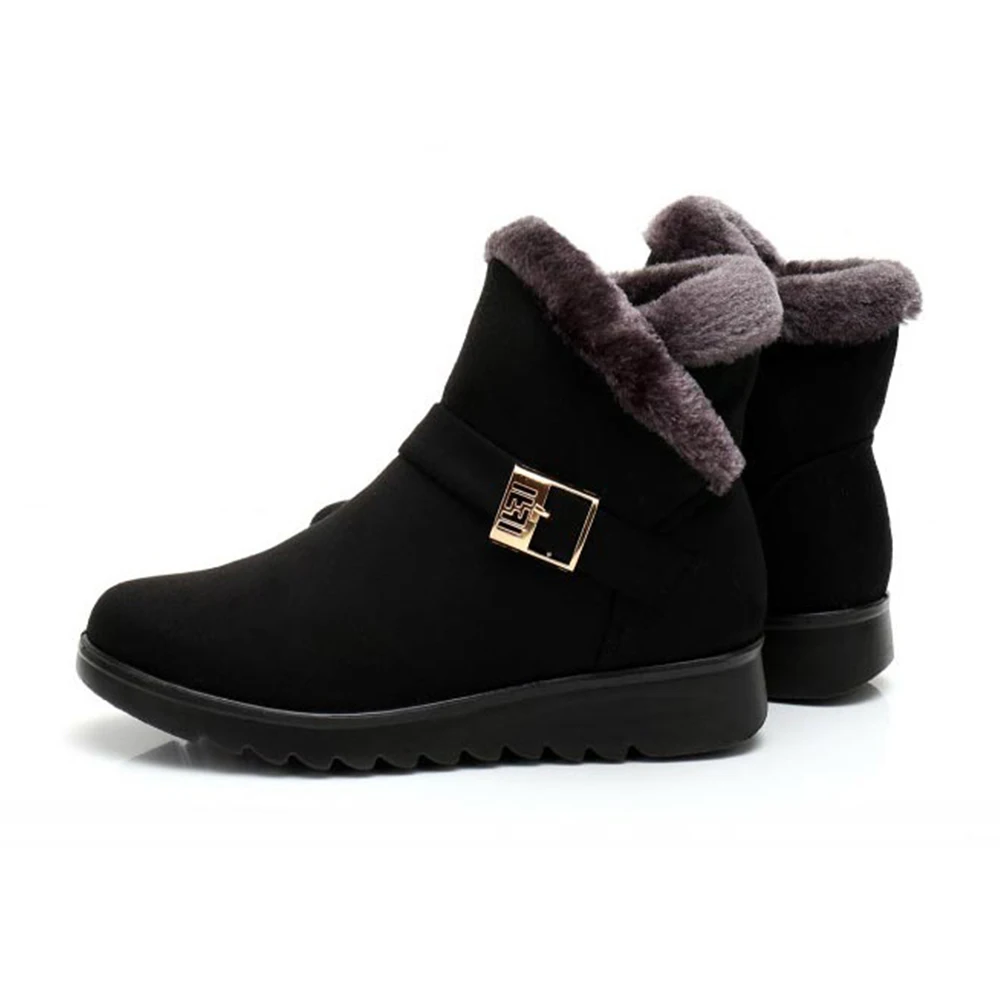 Winter Boots for Women Warm Plush Metal Decoration Designed Female Ankle Boots Rubber Anti-slip Casual Wedge Shoes Black